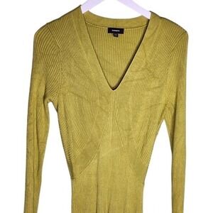 Express Ribbed Knit Midi Sweater‎ Dress Long Sleeve Pleated Textured Green S